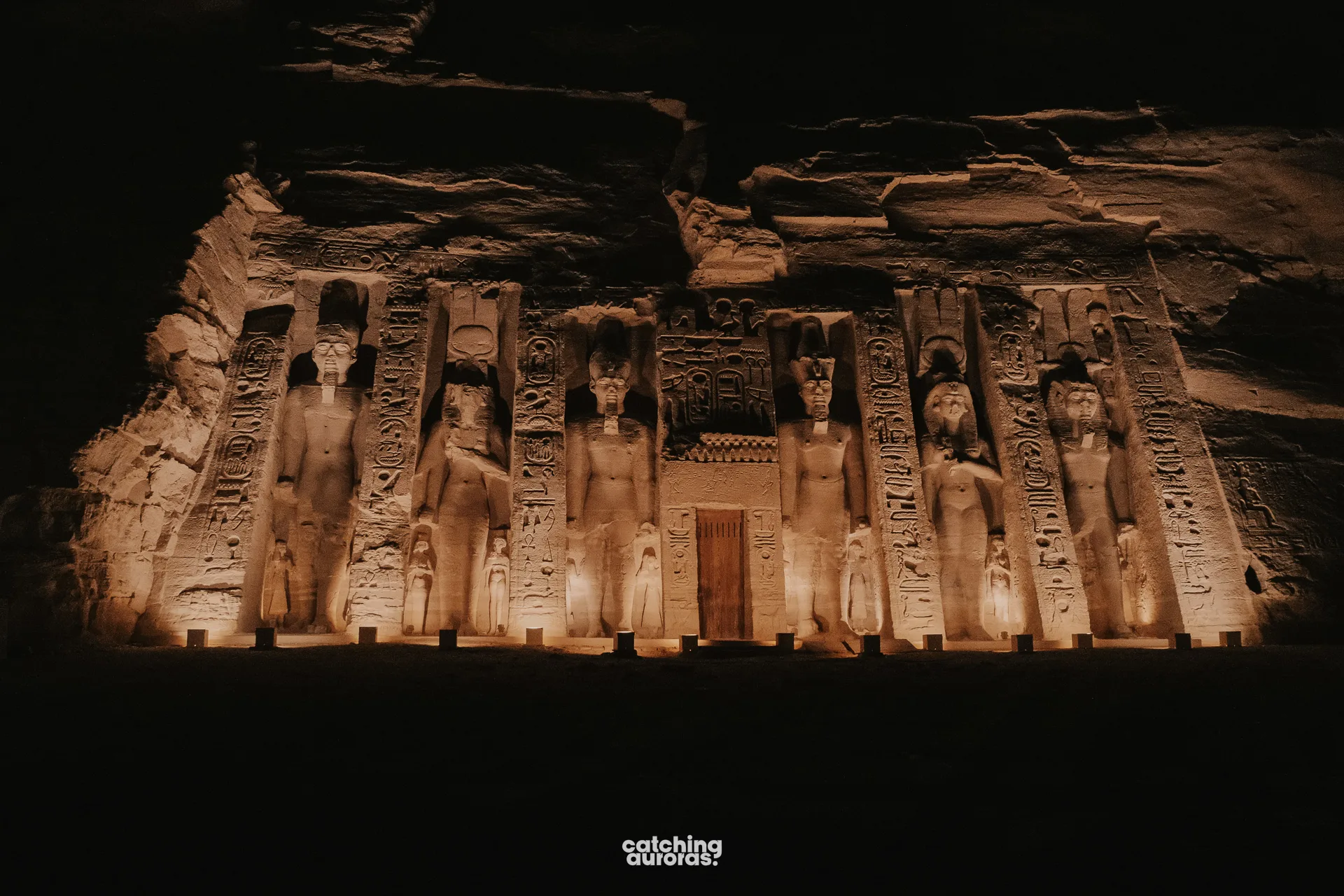 Small Temple of Nefertari lit up at night after the Sound and Light Show