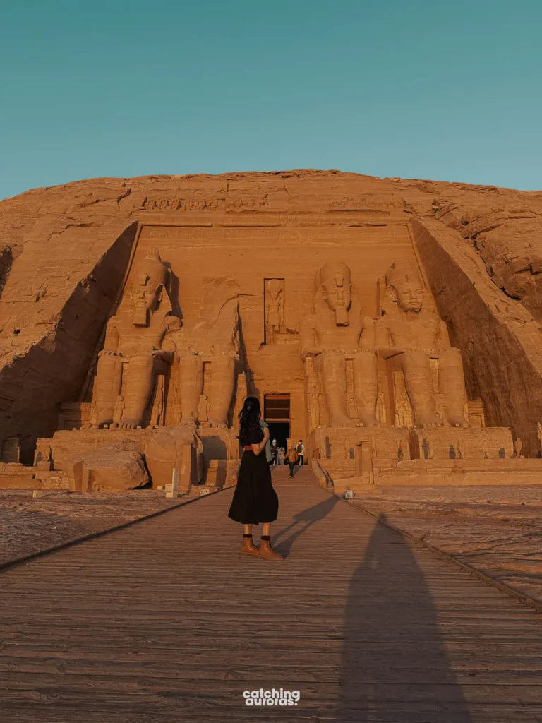 Traveller in front of the Great Temple in Abu Simbel