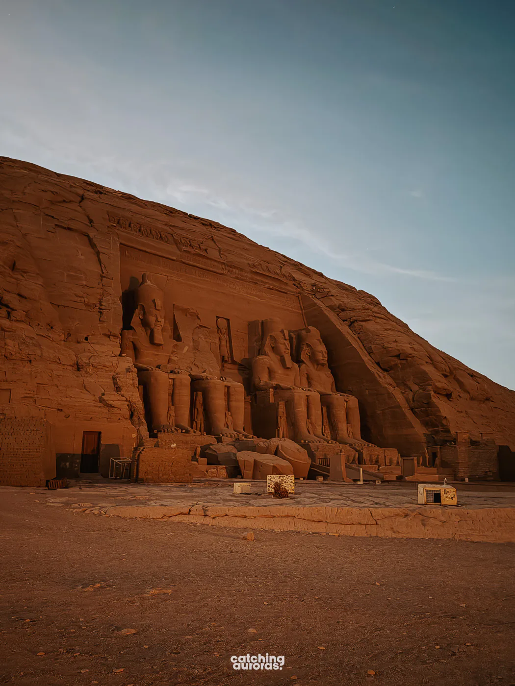 Abu Simbel Great Temple facade at dusk before the Sound and Light Show