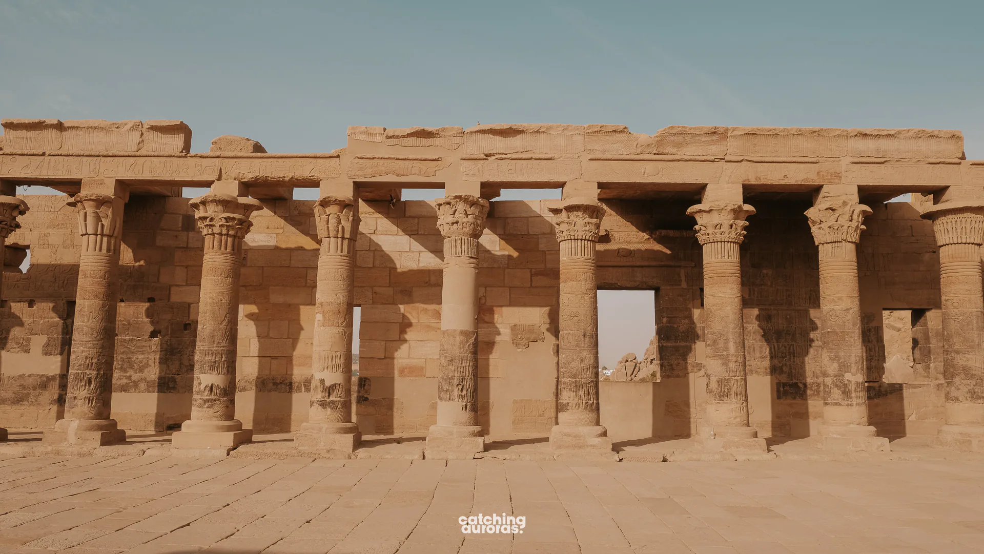 Colonnaded courtyard inside the Temple of Isis at Philae, Aswan, Egypt.