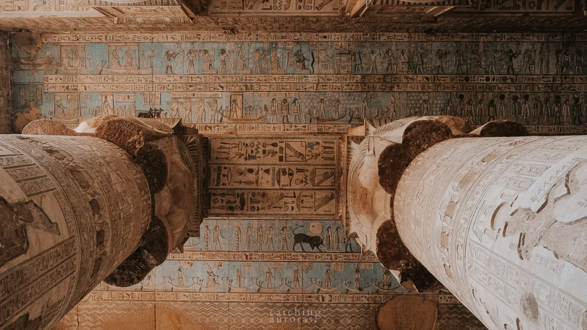 Taurus depicted on the astronomical ceiling inside the Temple of Hathor at Dendera Temple.
