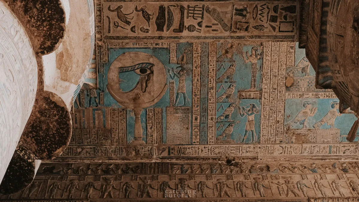 The stunning astronomical ceiling at Dendera Temple, featuring constellations and celestial symbols from ancient Egyptian astronomy.