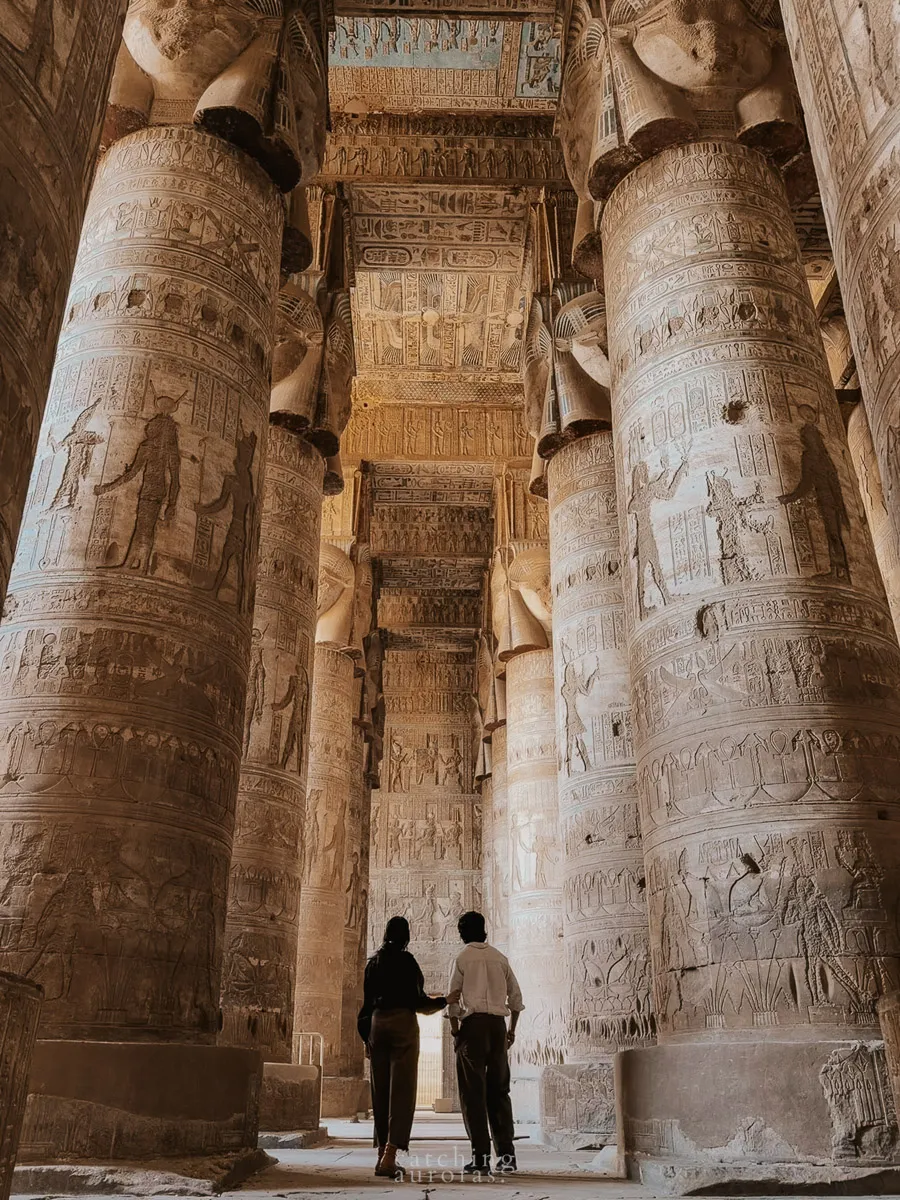 Hypostyle hall with Hathor-headed columns inside Dendera Temple Egypt