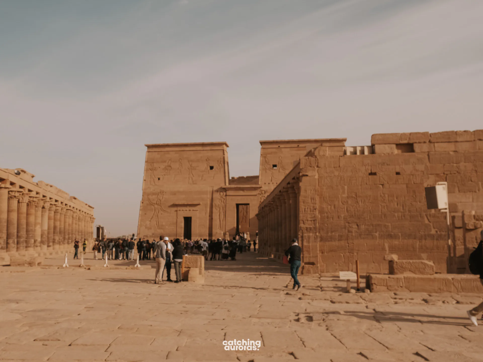 First pylon of the Temple of Isis at Philae, with the eastern colonnade in Aswan, Egypt.