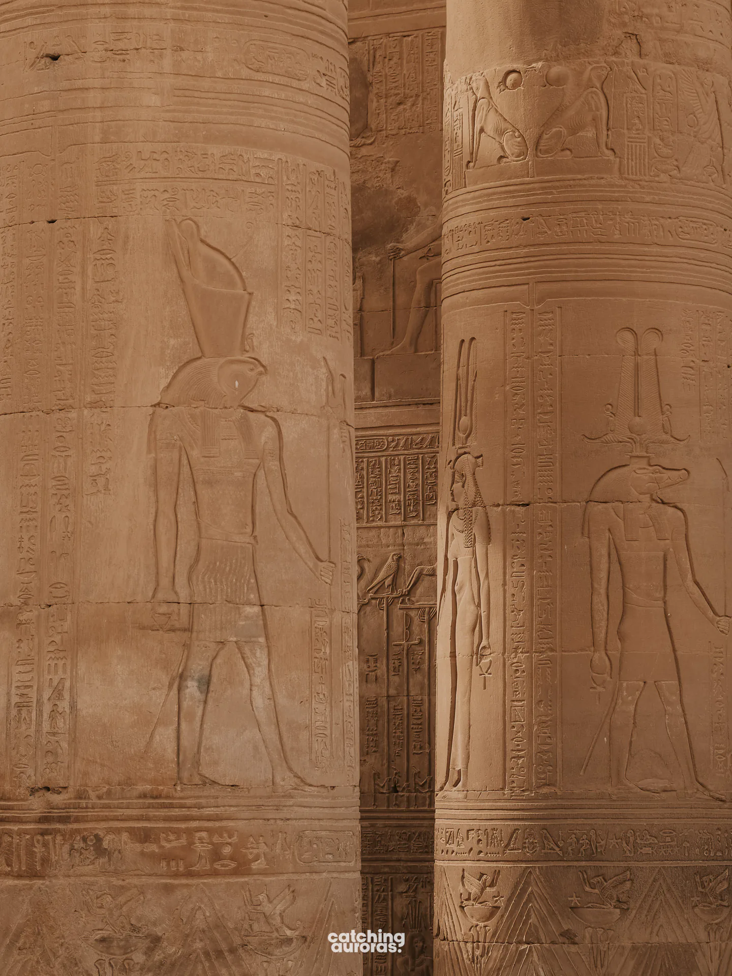 Haroeris and Sobek depicted on the columns of Kom Ombo Temple