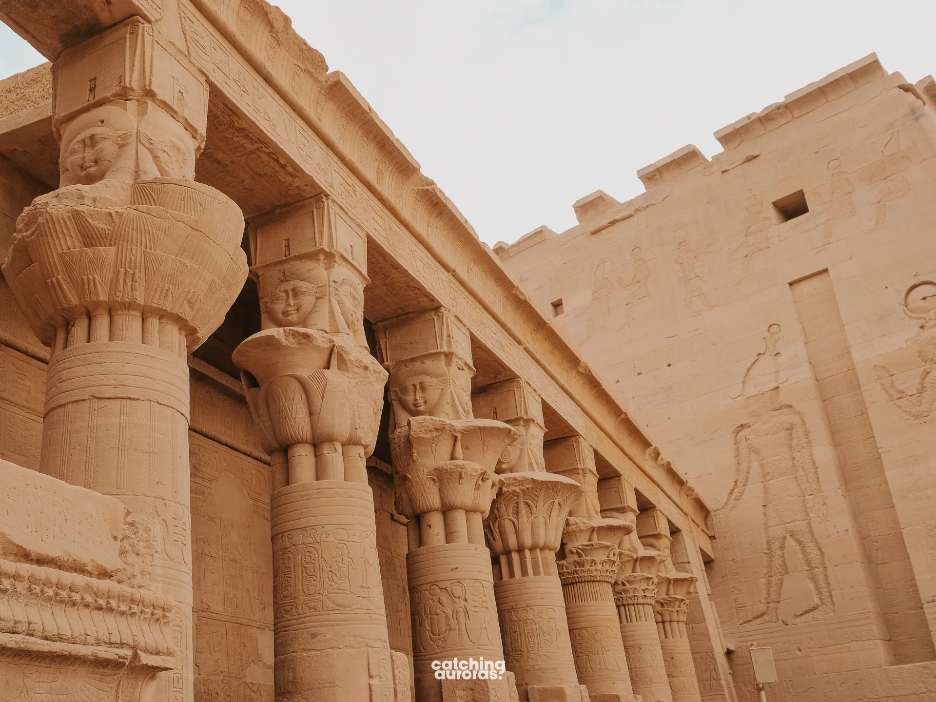 Hathor-headed columns at the Temple of Hathor, Philae Temple, Aswan, Egypt.