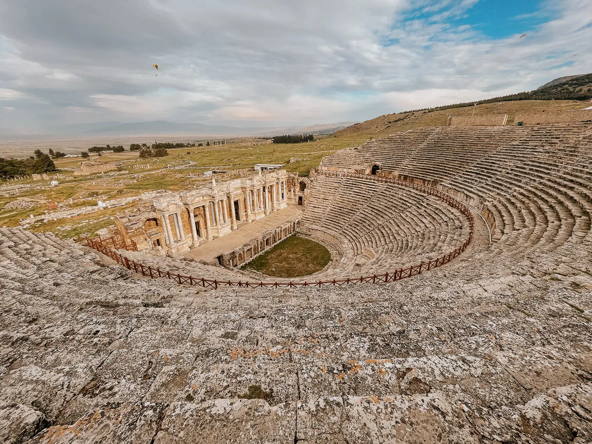 A wide angle shot of the Pamukkale amphitheatre
