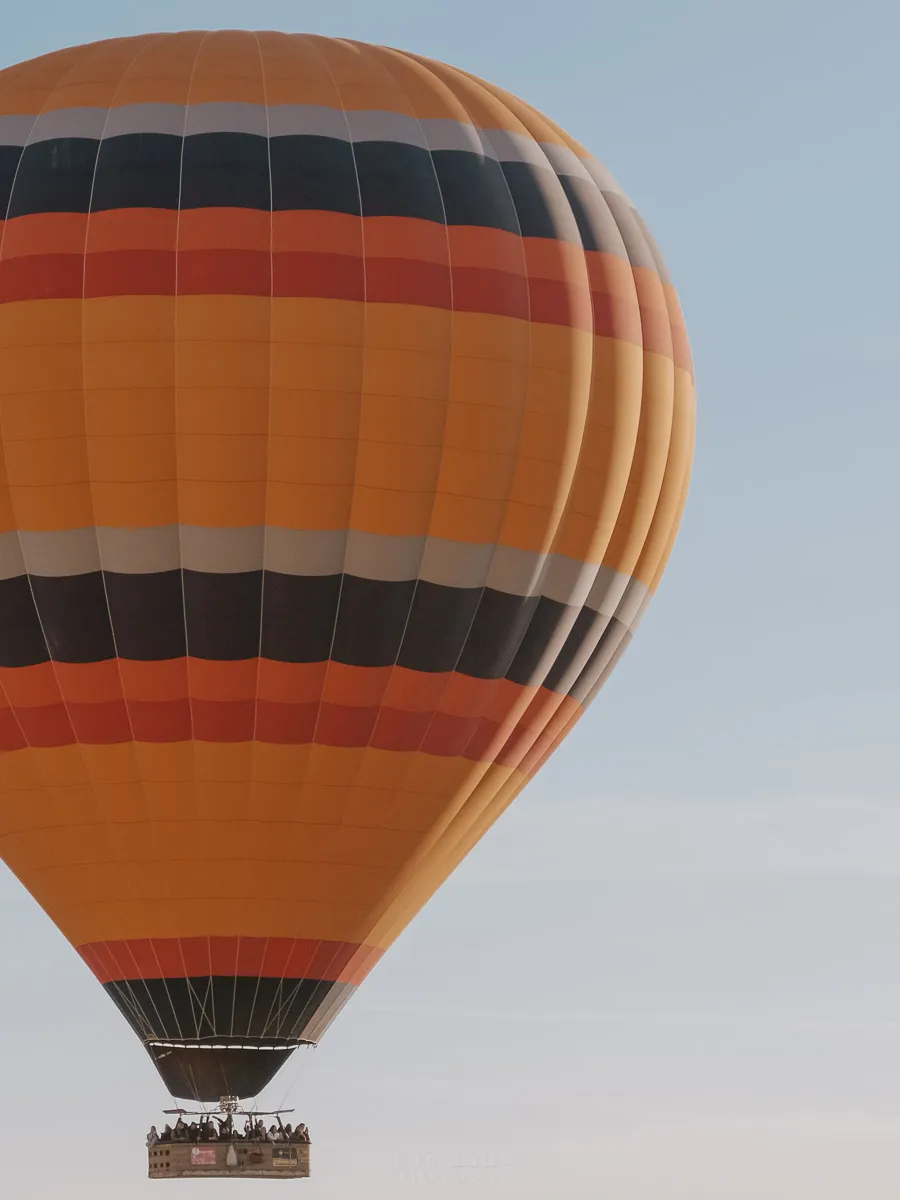 A closeup shot of a hot air balloon seen from Love Valley