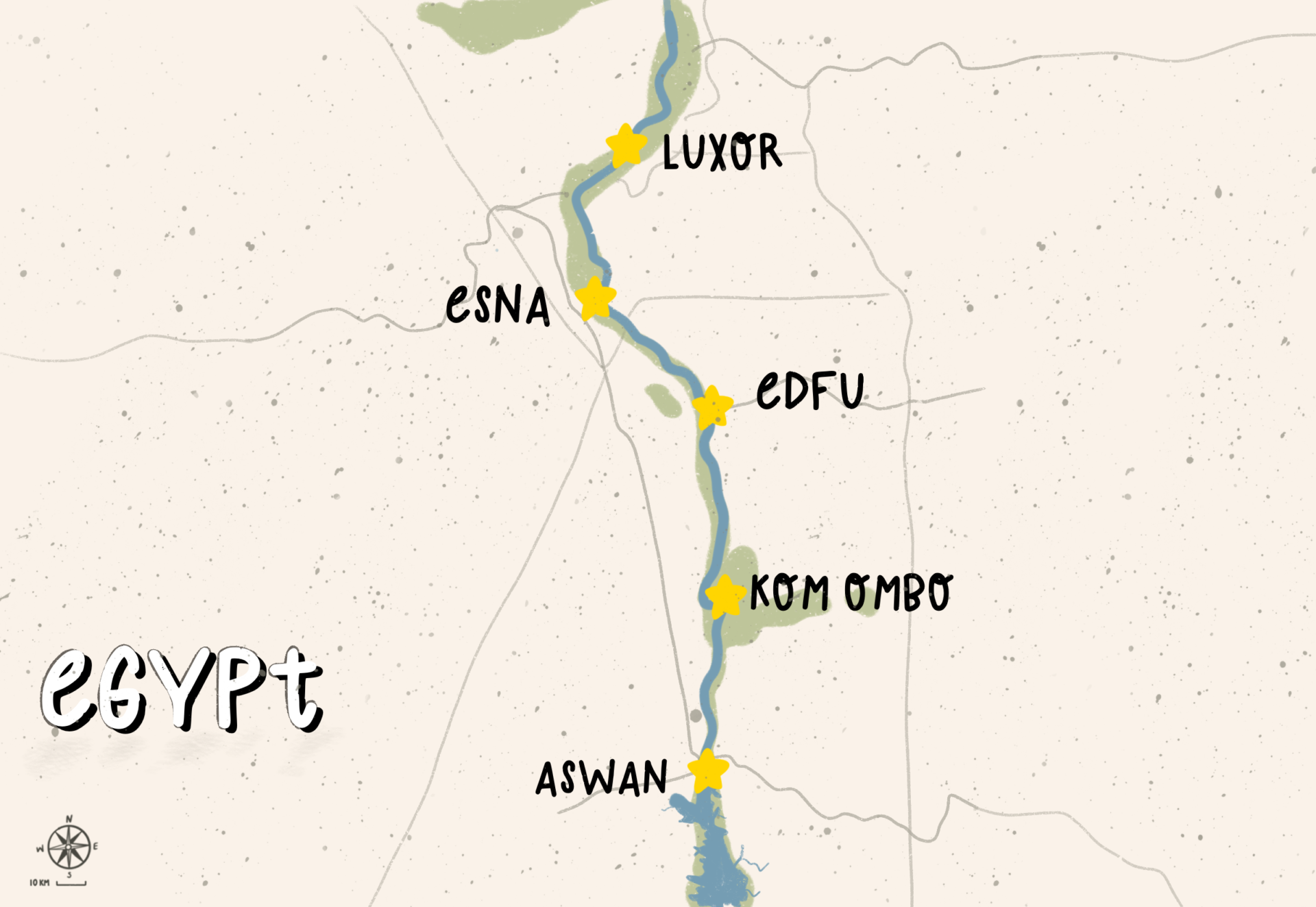 Map of the drive from Aswan to Luxor via Kom Ombo, Edfu and Esna.