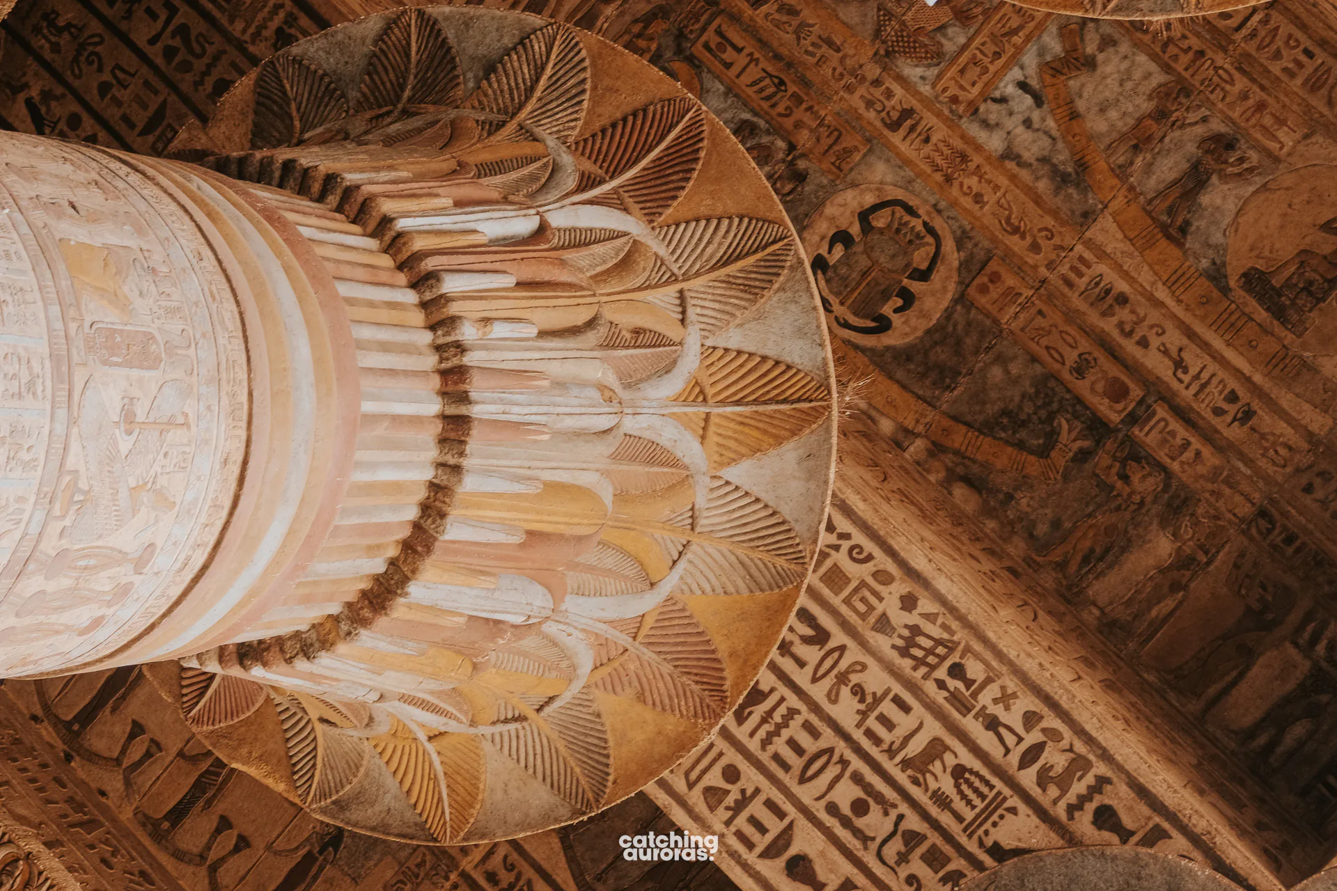 Painted column and the scarab on the ceiling inside Esna Temple