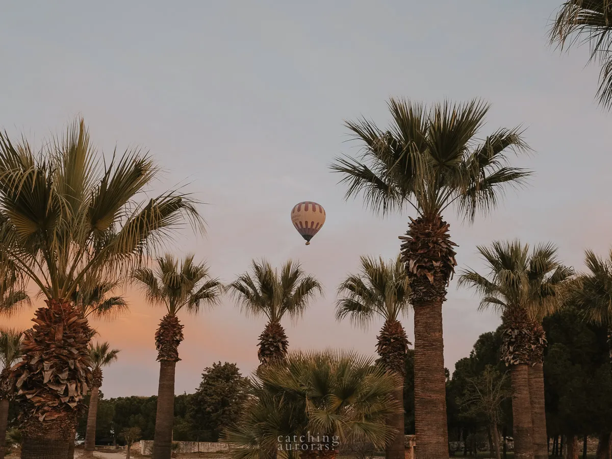 A hot air baloon flies over a set of palm tries with a bluish pinkish sky in the background