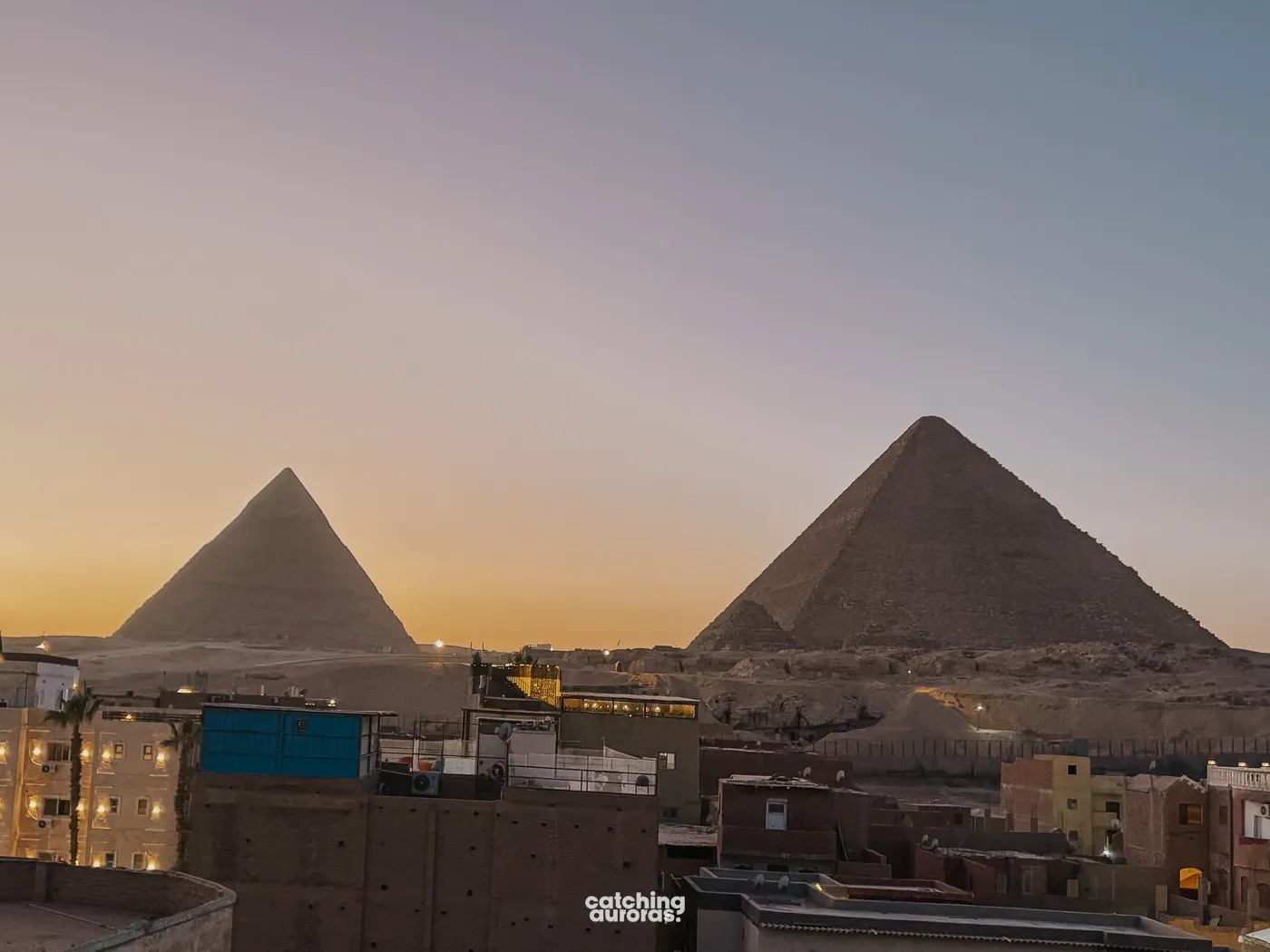 The Giza Pyramids viewed from a rooftop restaurant in Giza.