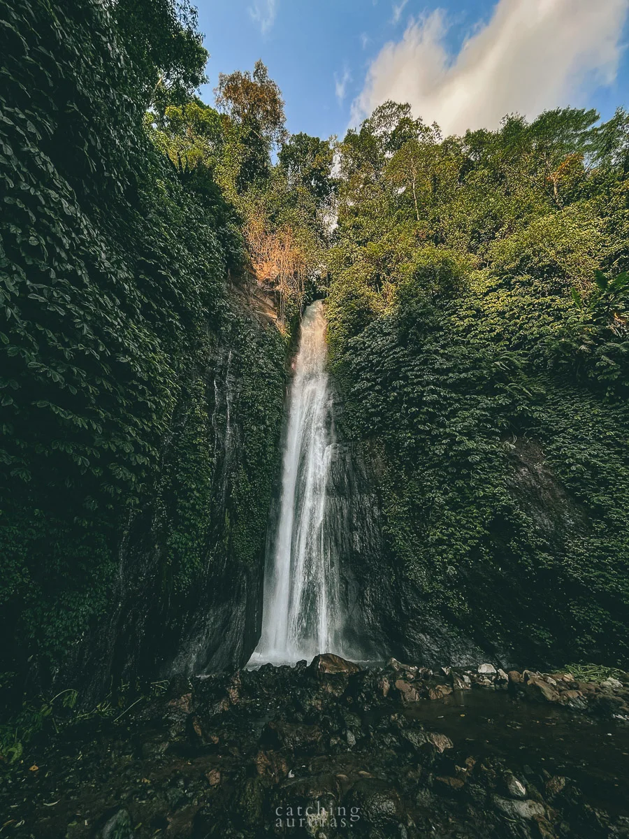 A thin and tall waterfall gushes down surrounded by lush greenery