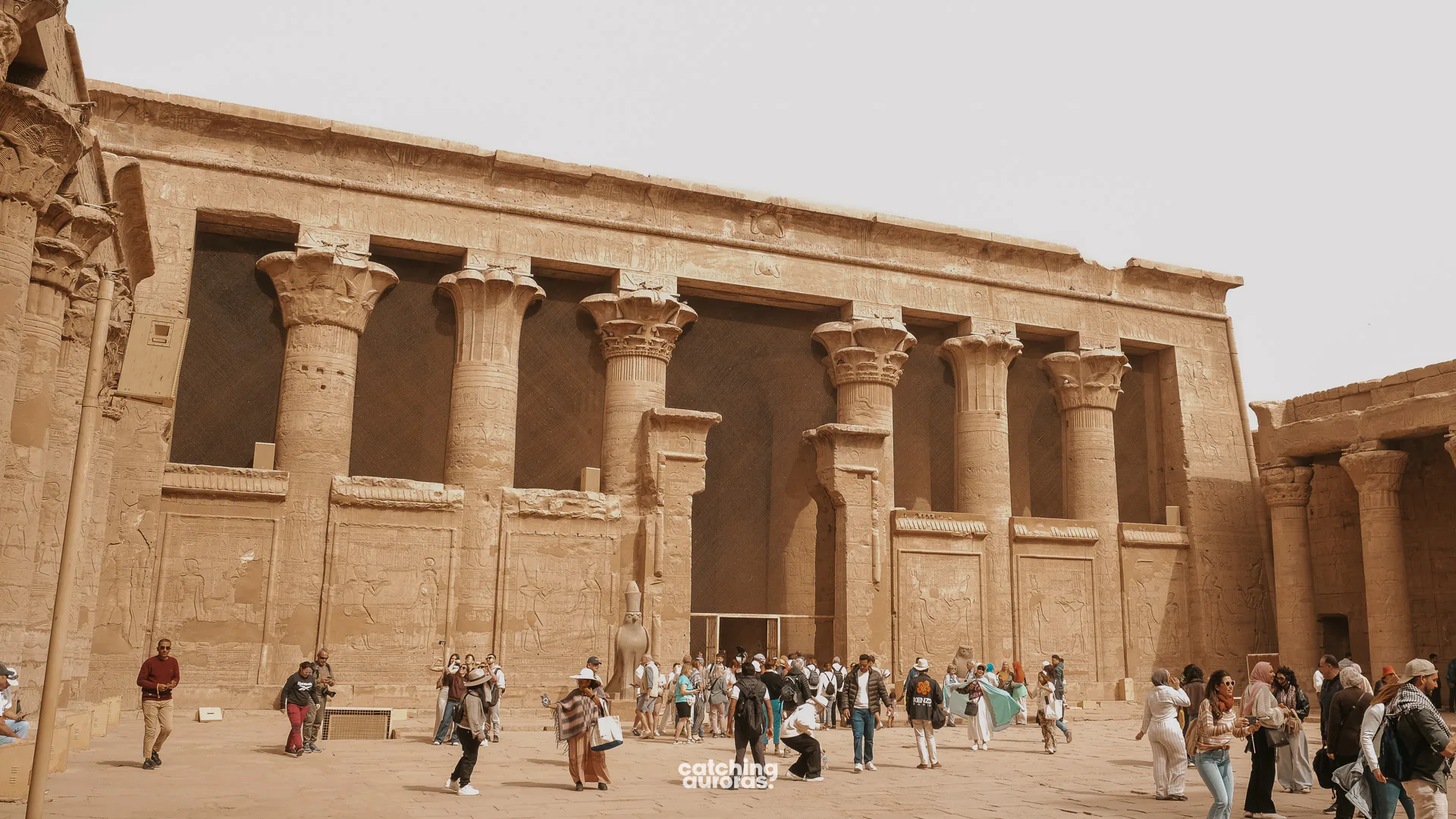 Stone columns surrounding the open courtyard of Edfu Temple.