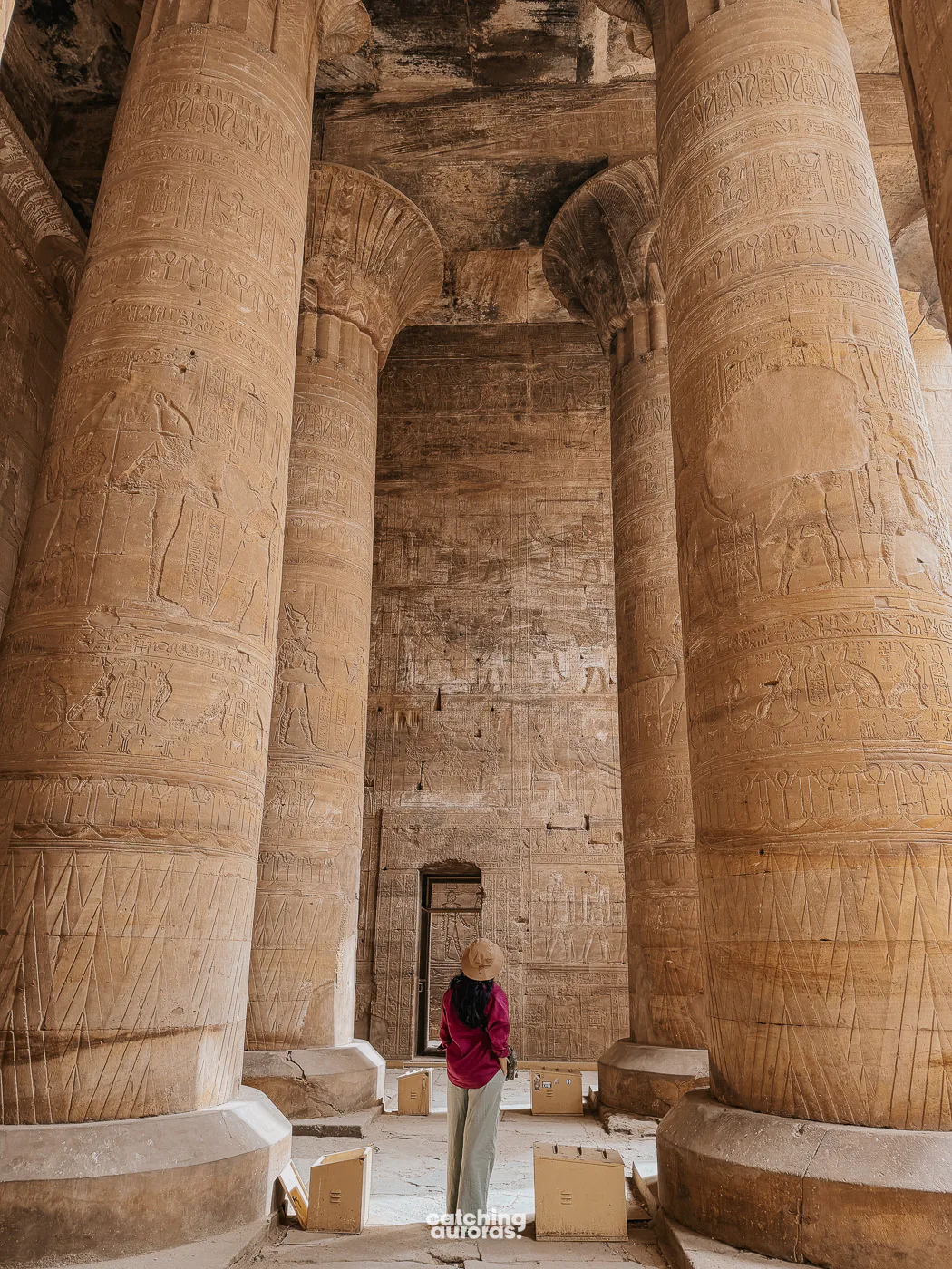 Tall columns and carved walls inside a pillared hall at Edfu Temple