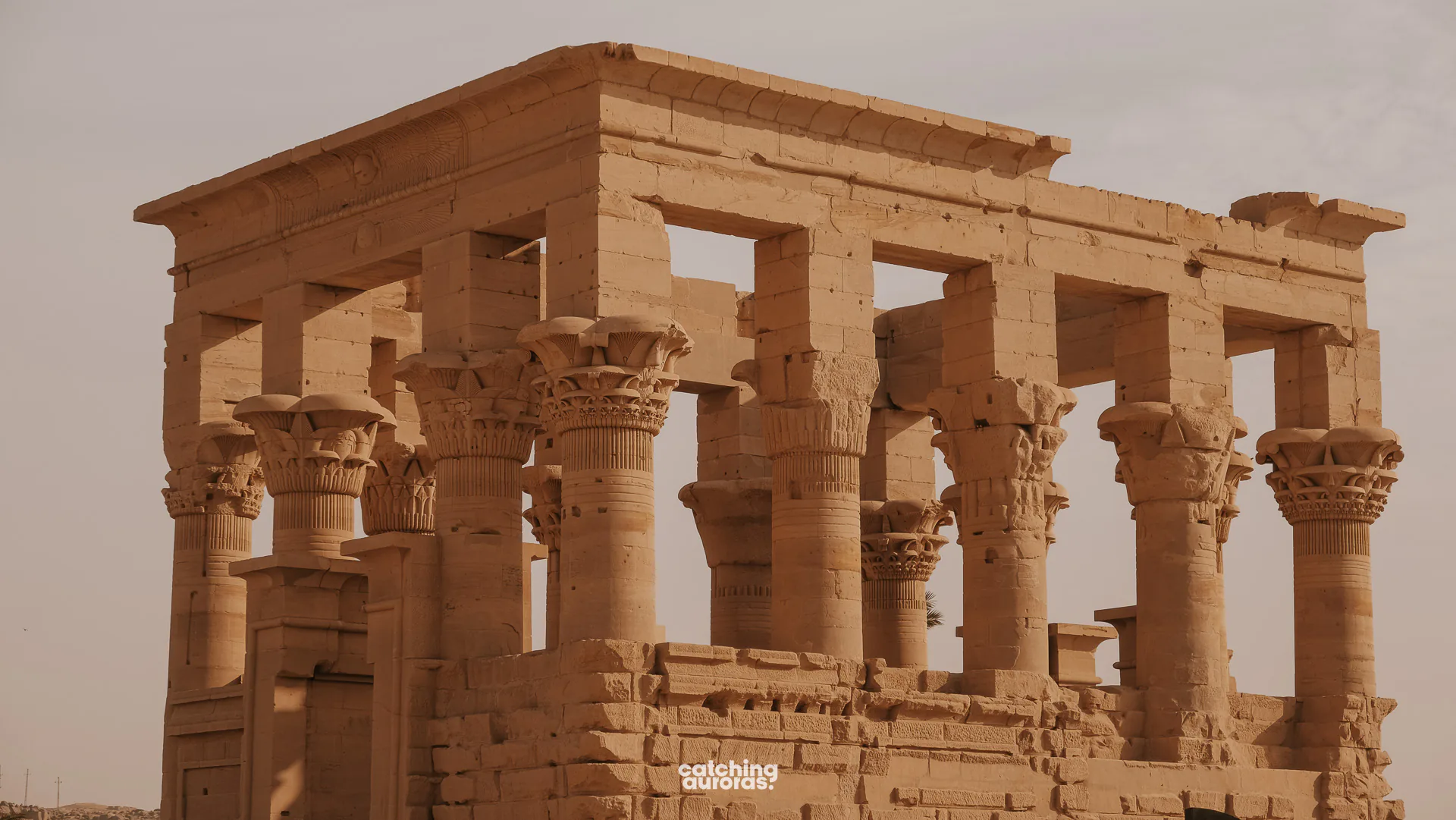 Trajan’s Kiosk at Philae, an open sandstone pavilion of columns beside the Nile, Aswan, Egypt.