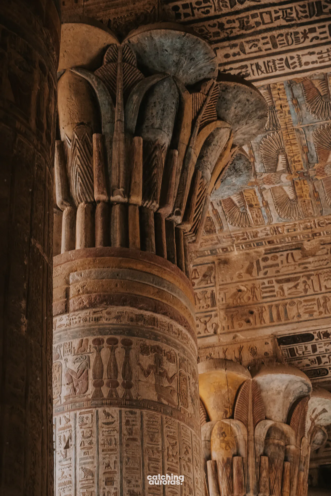 The painted columns inside Esna Temple.