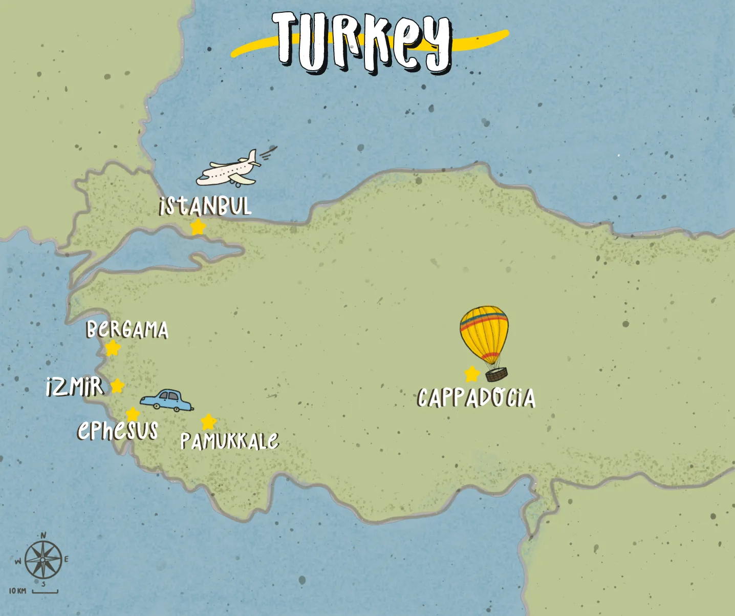 Map of a 10 day Turkey itinerary: Istanbul, Cappadocia, Bergama, Ephesus, Pamukkale