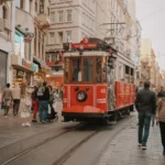 A photo of a red tram in Istanbul, Turkey