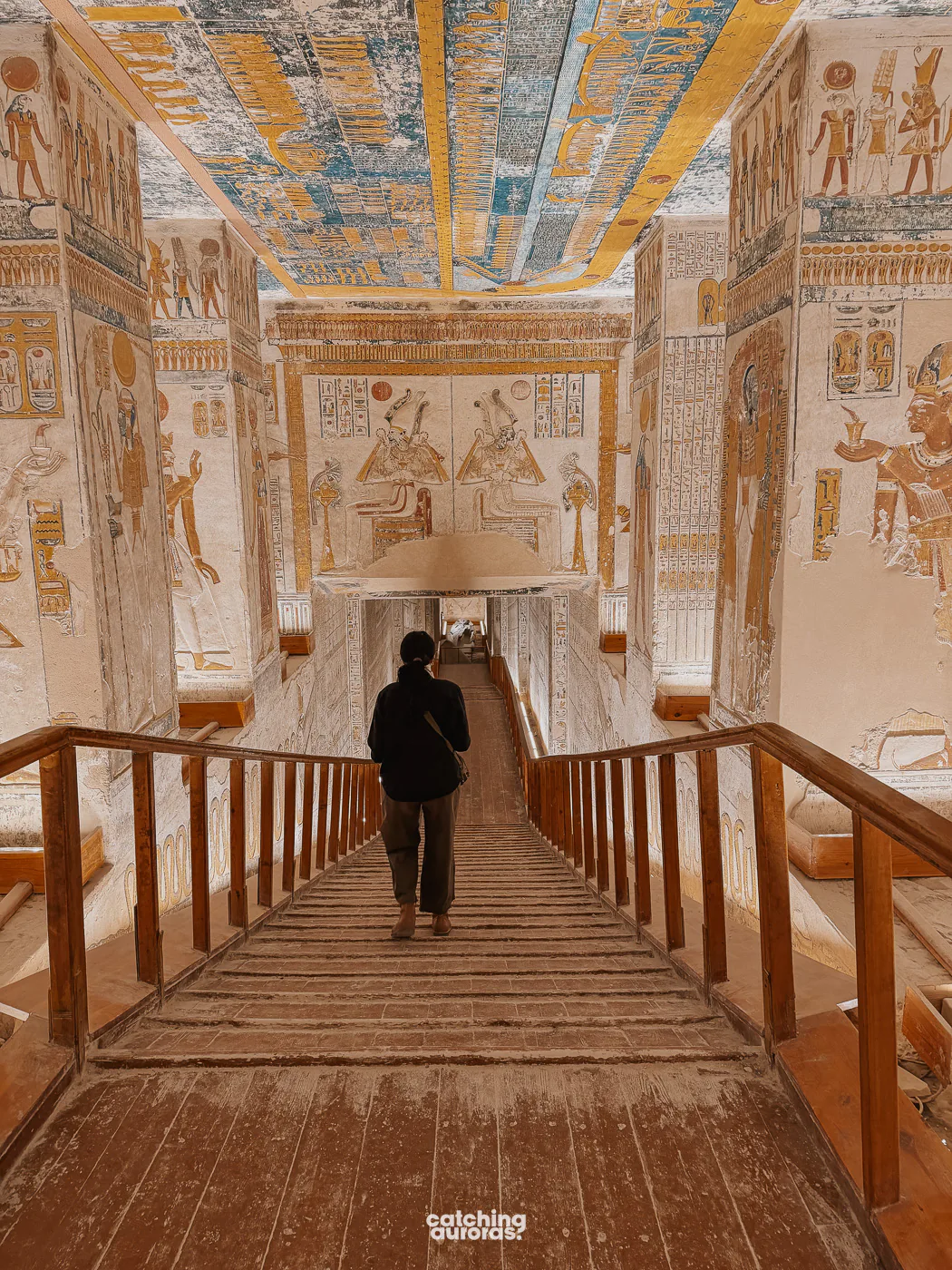 Walking down the Rameses VI tomb in the Valley of the Kings, Luxor Egypt